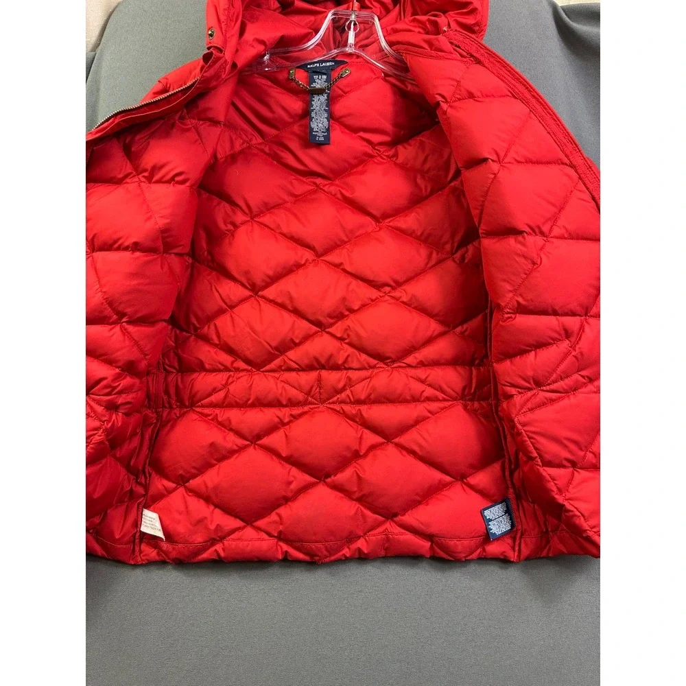 VTG Ralph Lauren Girls Red Quilted Down Puffer Jacket Hooded Belted Size XL 16